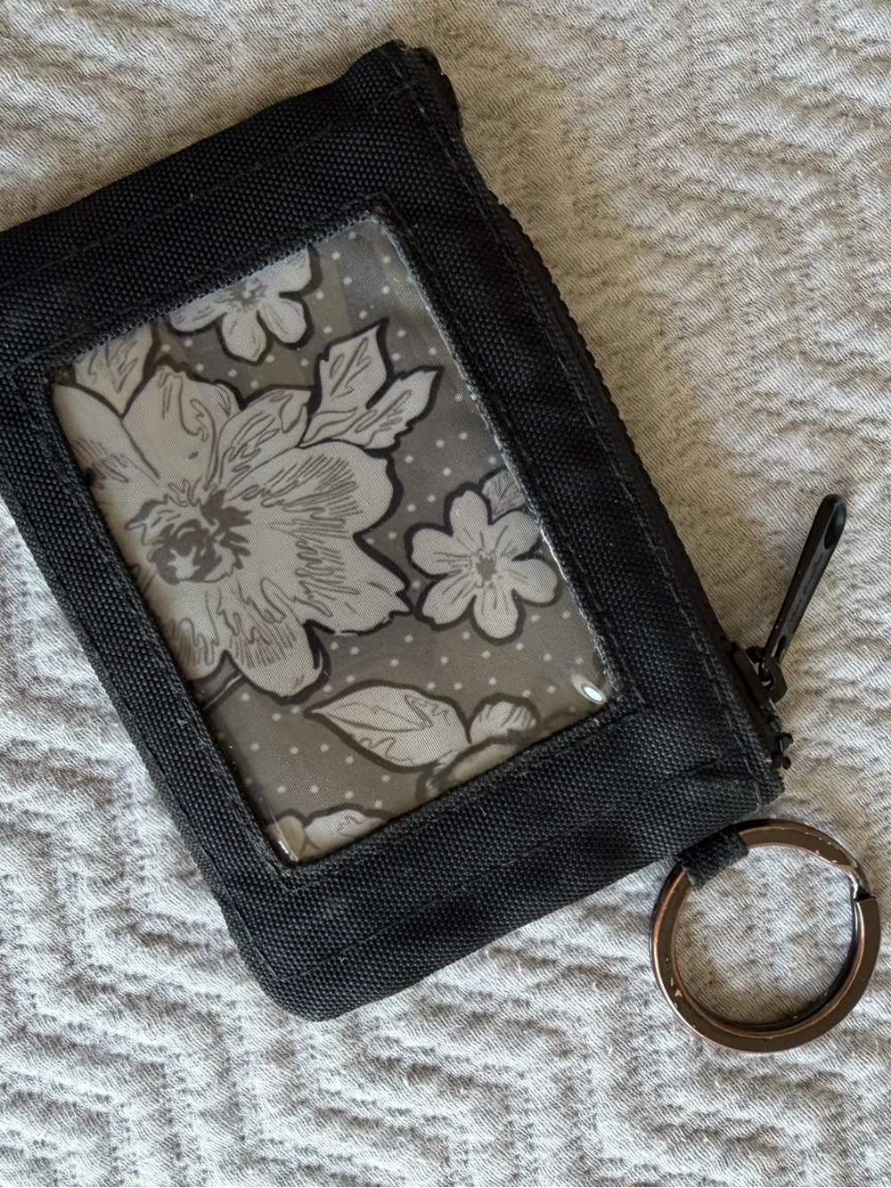 Vera Bradley Black Nylon ID Wallet Keychain Coin Purse Zip Card Holder Floral